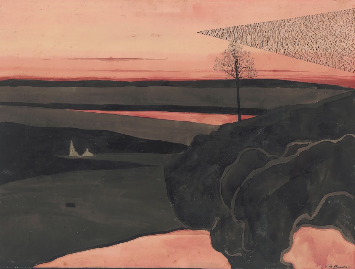 Landscape under a Red Evening Glow with Migratory Birds 1919