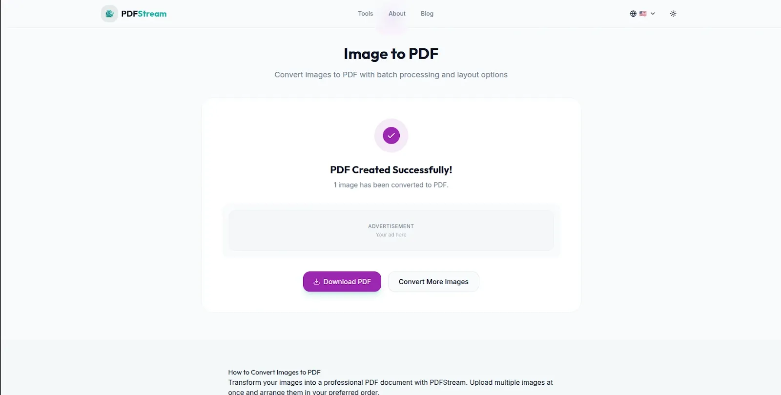 JPG and PNG images converted to PDF using PDFStream free browser tool no account