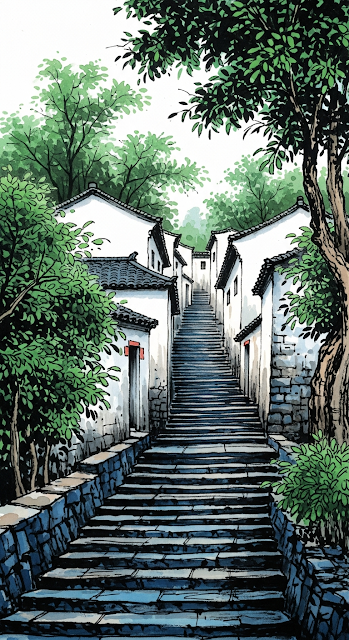 Traditional Chinese Ink and Watercolor Painting of a Stone Village Pathway - Free mobile Wallpaper