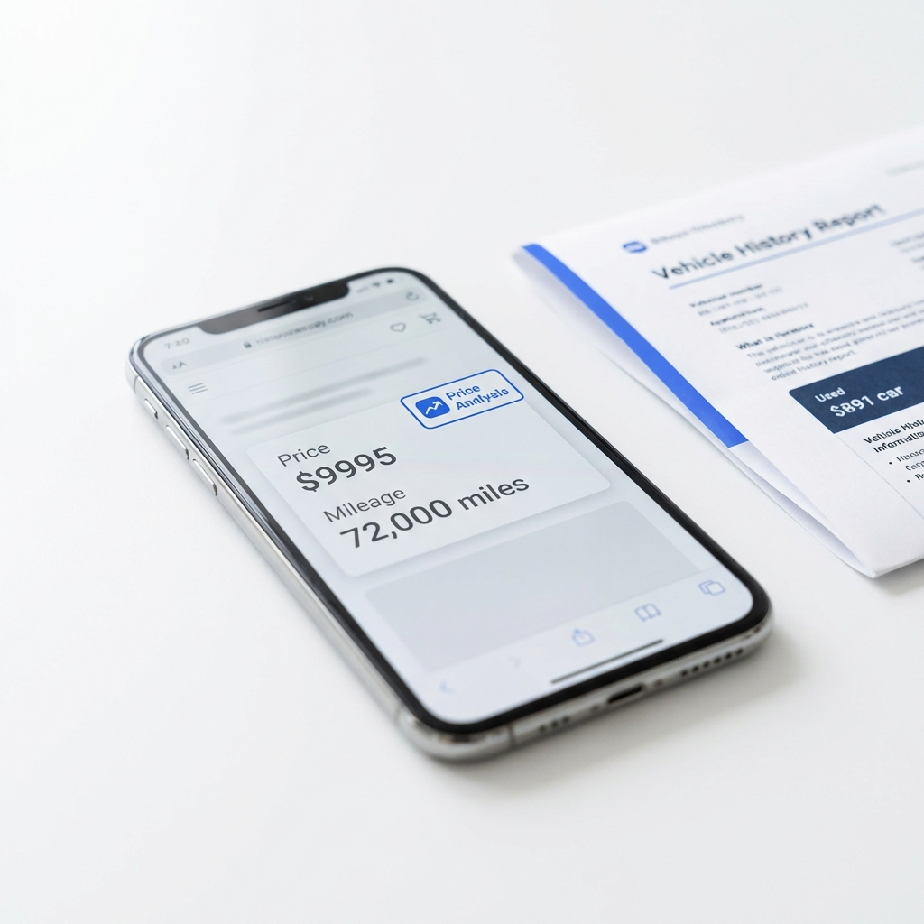 Close up smartphone displaying a used car listing with price 9995 and mileage 72000 miles and a price analysis badge beside a folded vehicle history report emphasizing affordable cars for sale