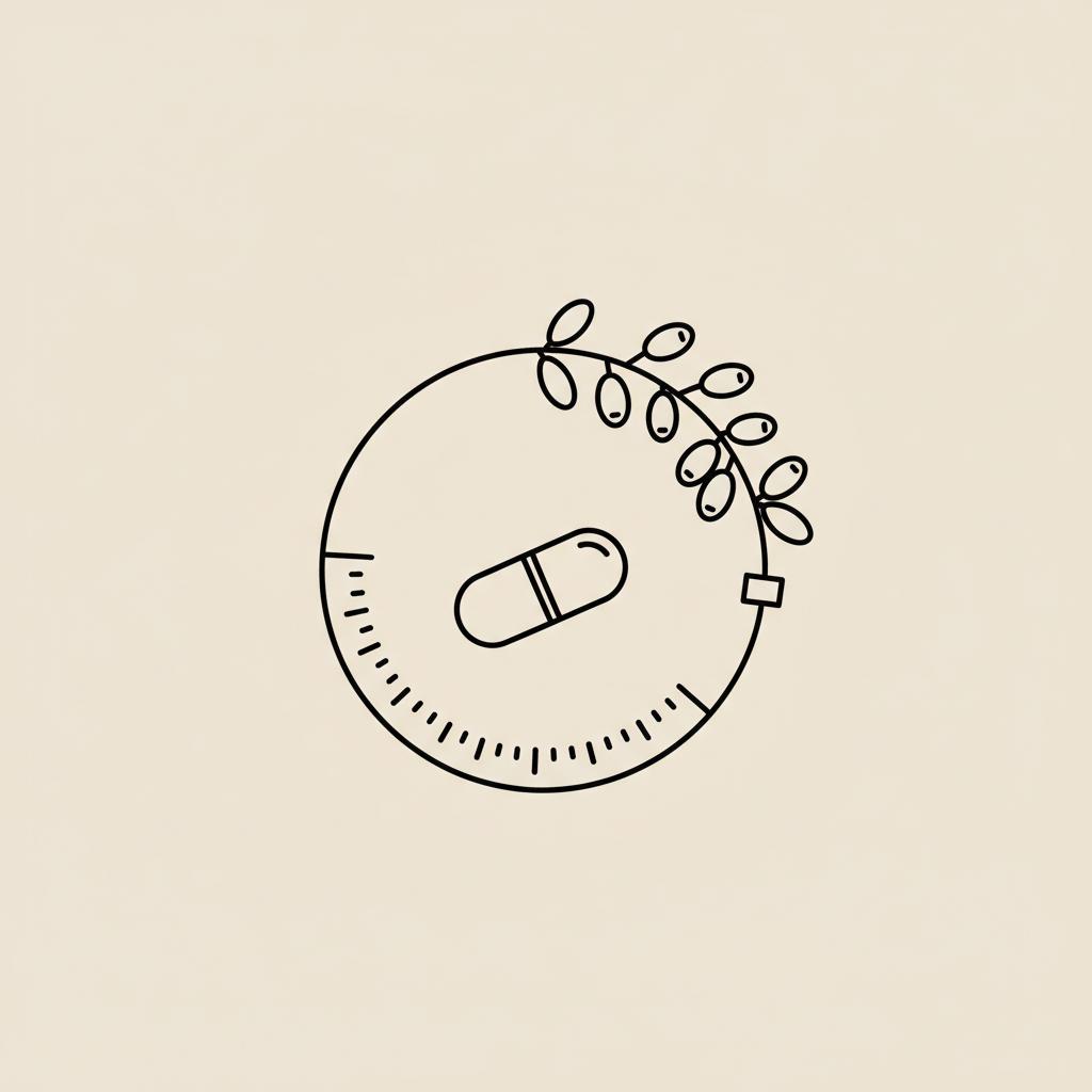 Minimalist line illustration of a barberry branch, capsule, and tape-measure forming a circular waist motif on beige background for berberine belly fat