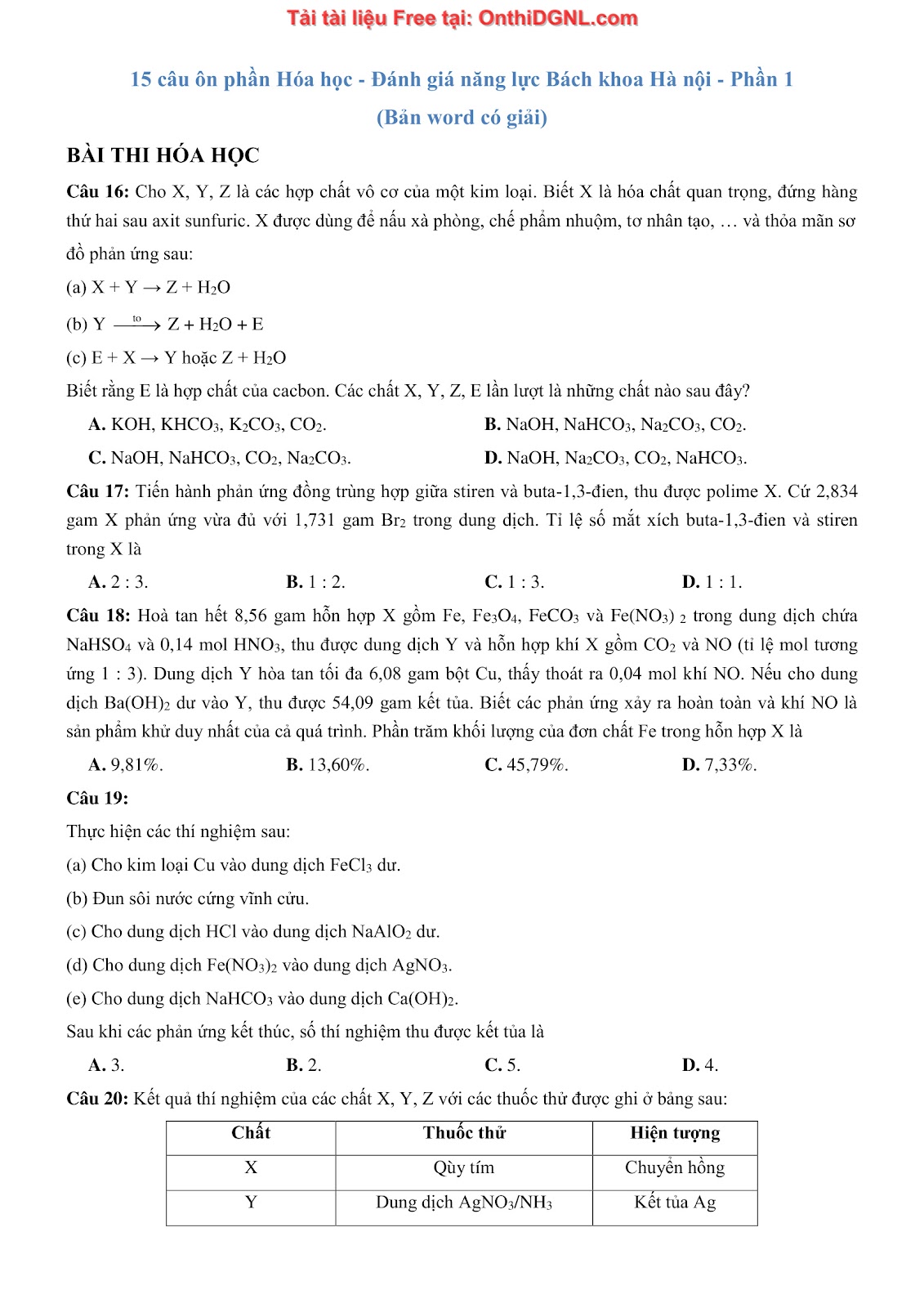 135 bài tập môn Hóa học - Ôn thi ĐGNL Bách khoa Hà nội Phần 1