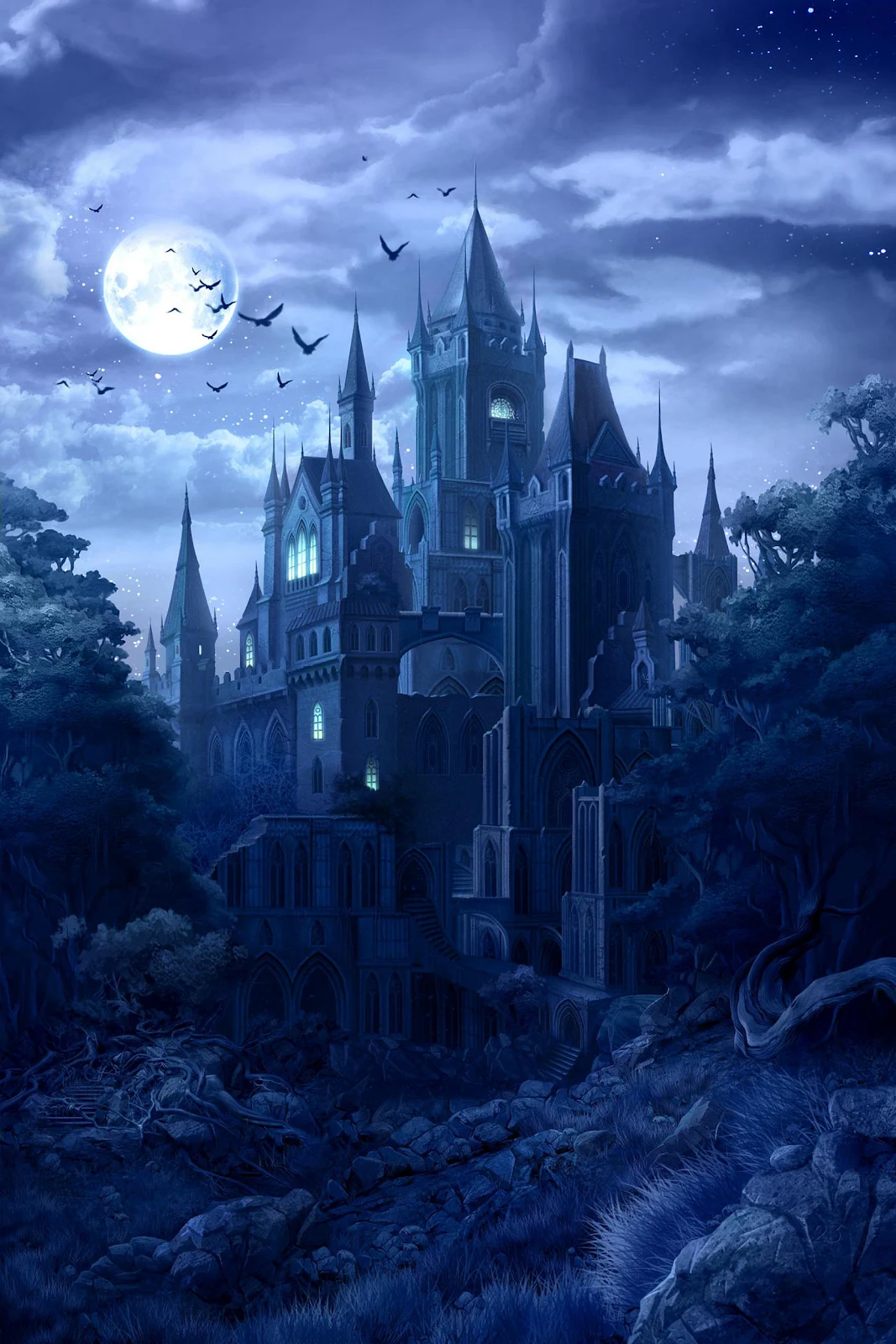 Gothic Castle Under Full Moon - Fantasy Illustration Full HD iPhone Wallpaper (1664x2496)