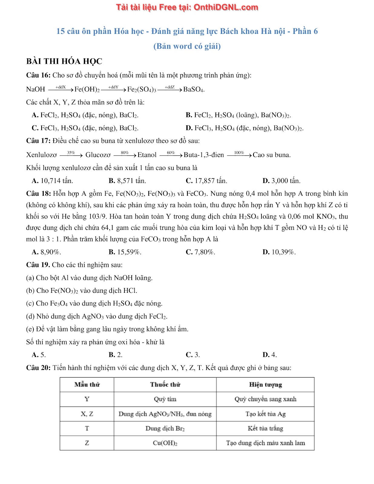135 bài tập môn Hóa học - Ôn thi ĐGNL Bách khoa Hà nội Phần 6