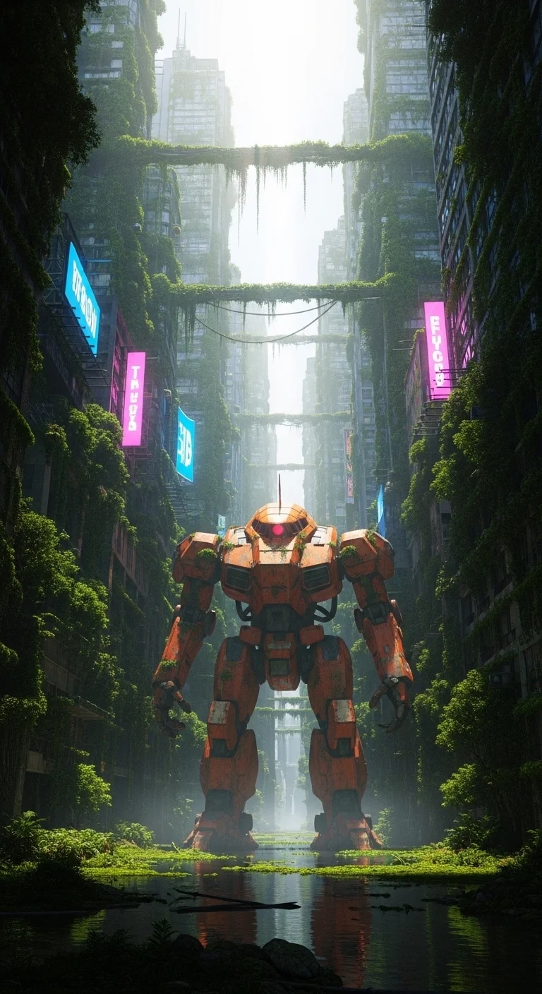 Orange Mecha Robot in Solarpunk Post-Apocalyptic Urban Environment - Free 4K mobile Wallpaper