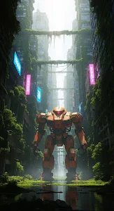 Orange Mecha Robot in Solarpunk Post-Apocalyptic Urban Environment