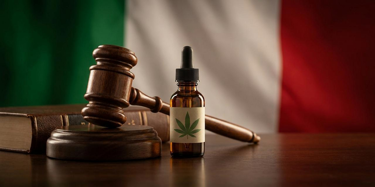 Aspetti legali del CBD in Italia: martello del giudice vicino a olio di CBD e bandiera italiana