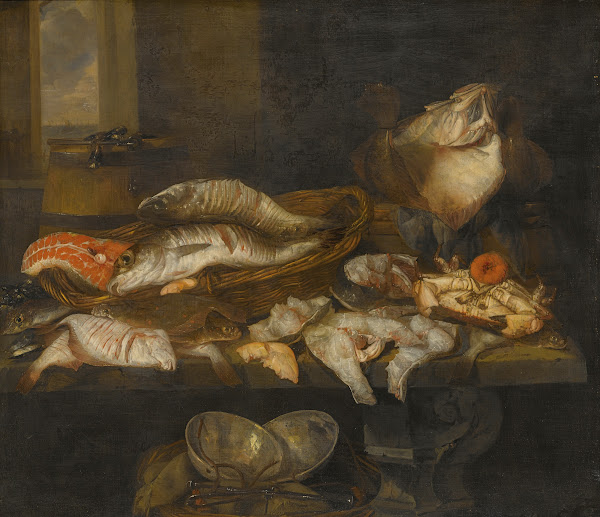 A Still Life WithSalmon Plaice A Crab And Other Fish Arranged On A Table AView O