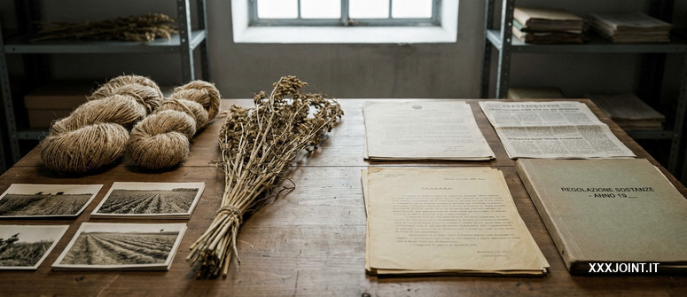 Archivio storico con fibra di canapa e documenti che evocano il passaggio dalla filiera agricola al controllo sulle sostanze.
