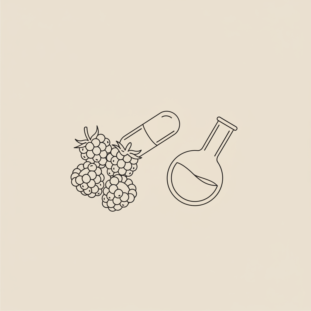 Minimal Tonum-style line illustration of a raspberry cluster, capsule, and lab flask on a beige background representing raspberry ketones for health and weight management.