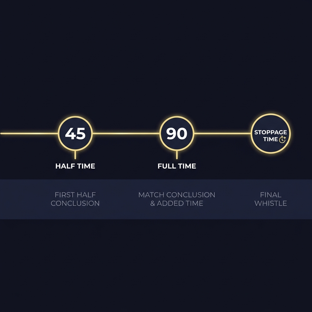 Minimalist soccer match timeline infographic showing 45 90 and stoppage time labeled half time and full time on dark Funded Plays background with accent highlights for correct score bet