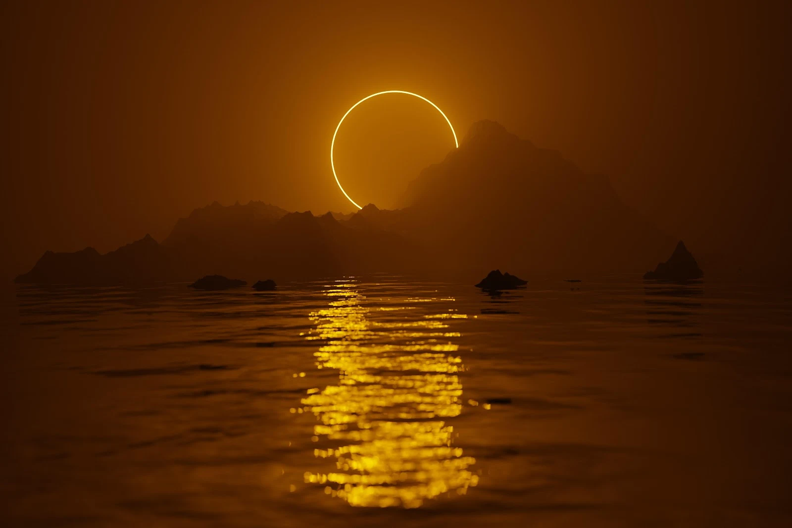 Golden Solar Eclipse Over Mountains - Digital Landscape Art 5K Wallpaper (6000x4000)