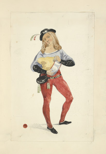 Young man wearing tights blouse hip belt with purse and hat with feather 1840