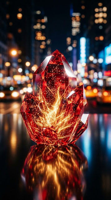 Geometric Red Crystal with Internal Light and Bokeh Background - Free mobile Wallpaper