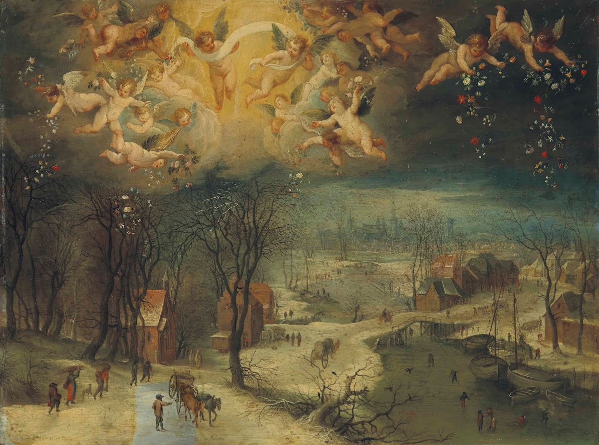 A winter landscape with villagers gathering wood and skaters on a frozen river p