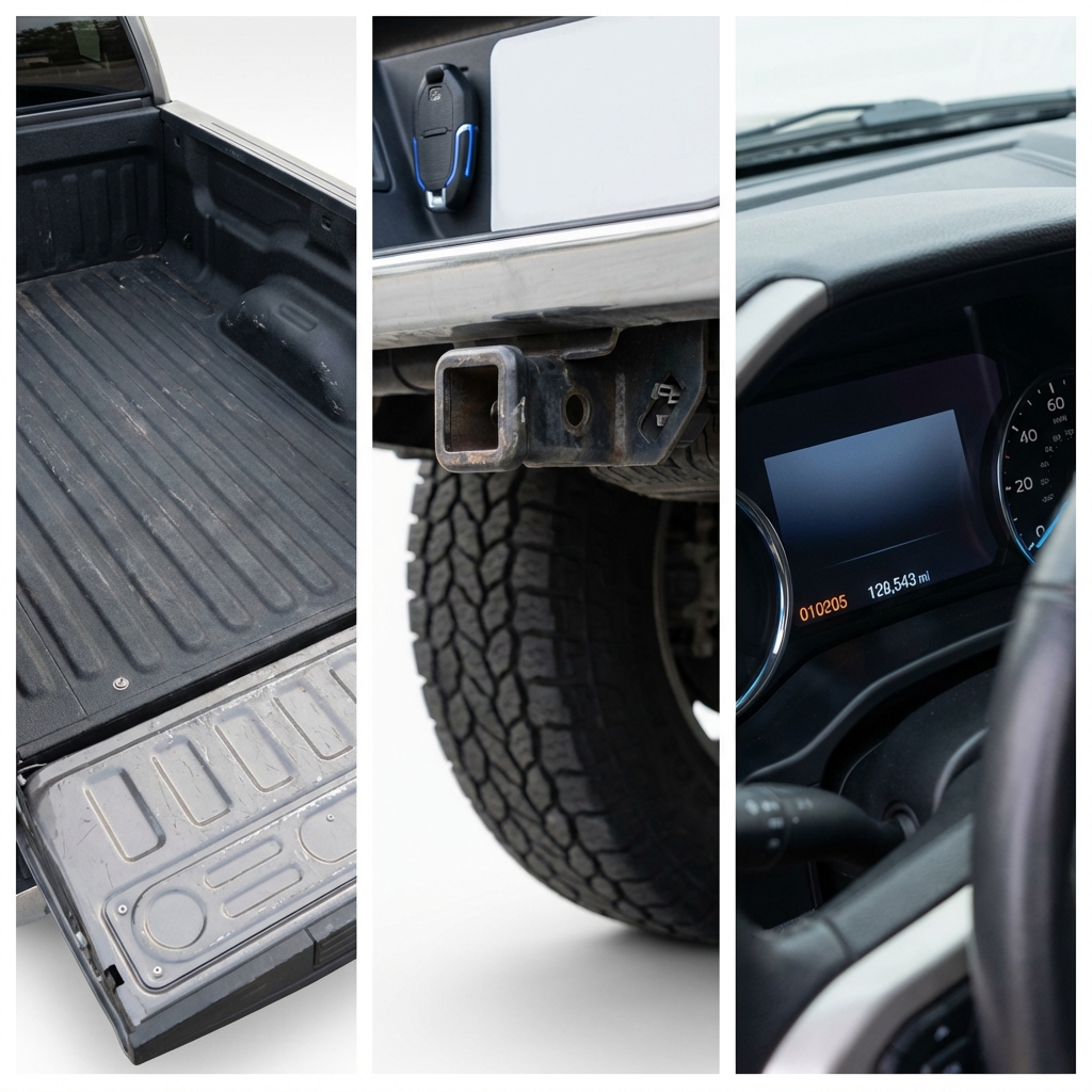 Close up triptych of pickup truck showing truck bed condition tires and tow hitch and dashboard with odometer visible for kelley blue book trucks listing