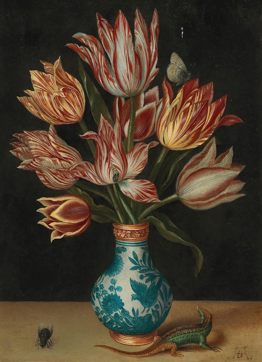 A still life with parrot tulips in a Wan Li vase a fly and a lizard