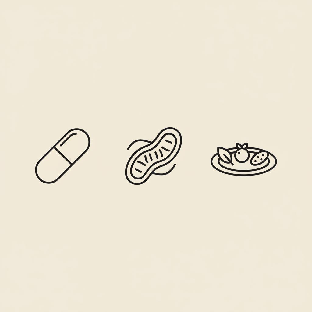 Minimalist vector line illustration of a capsule, mitochondrion icon and a plate with simple foods on a flat beige background for metabolic support.