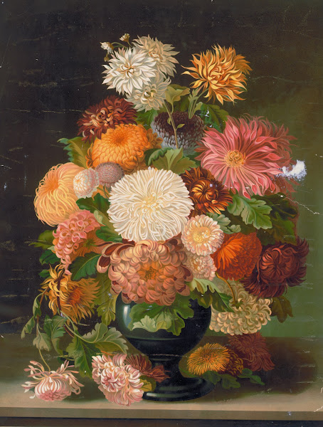 Red orange white and pink flowers in a black vase 1890