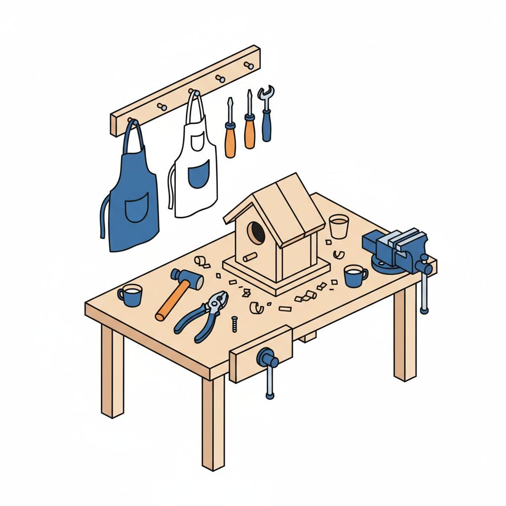 Vektor-Illustration einer Werkbank mit halbfertigem Vogelhaus, Holzspänen und Kinder- und Erwachsenenwerkzeug als Hinweis auf vater-tochter-beziehung