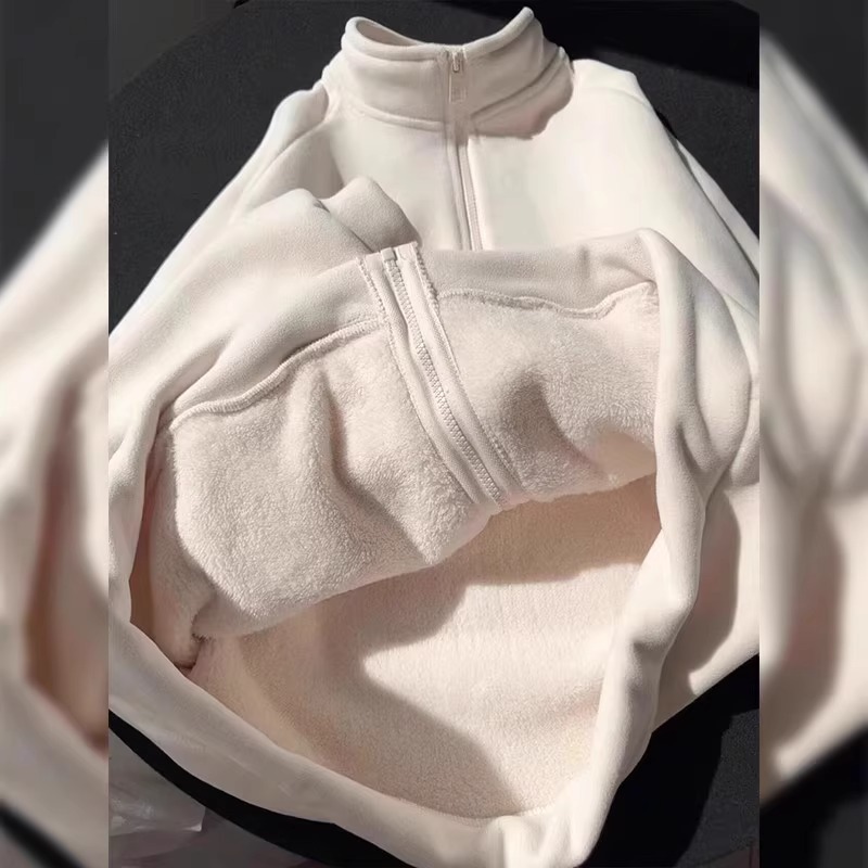 Lined fleece cardigan with stand-up collar for women