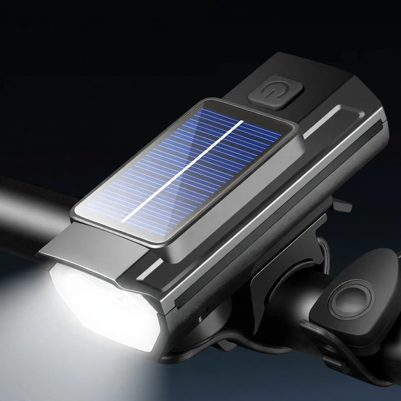 Bike light, solar charging, with horn and bell