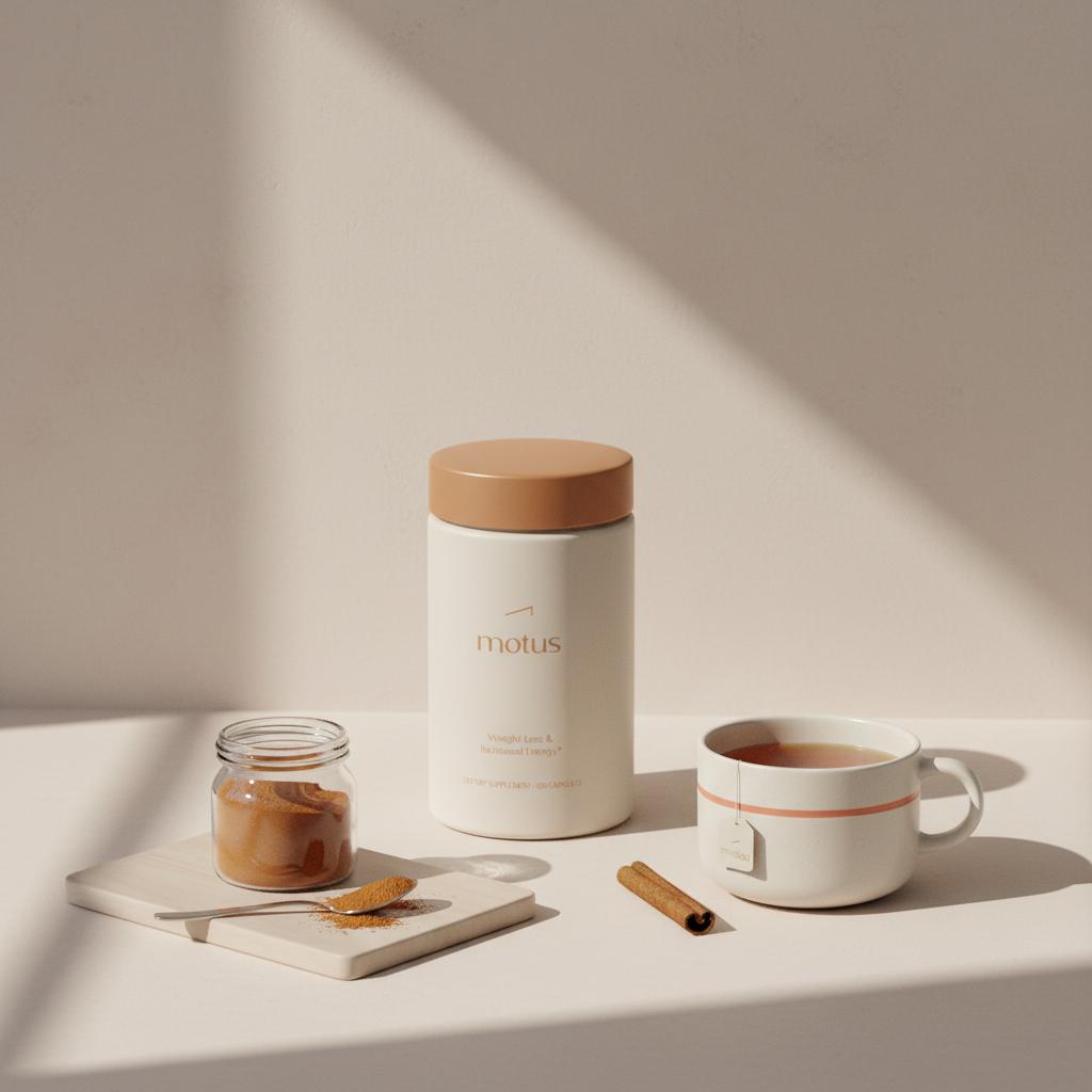 Minimal kitchen scene with open jar of ground Ceylon cinnamon, teaspoon, herbal tea with cinnamon stick and Tonum Motus bottle in background — cinnamon trick for diabetes