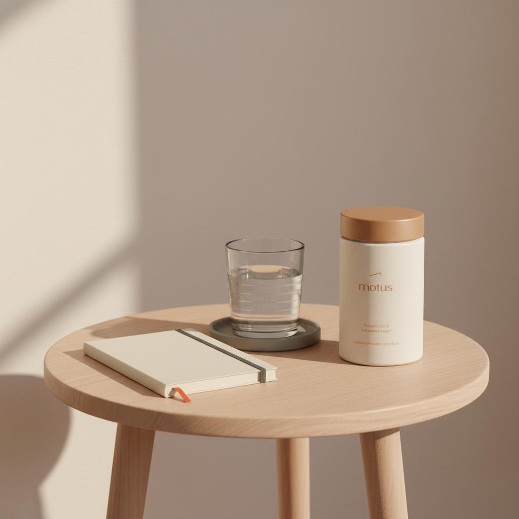Minimalist bedside scene with Tonum Motus supplement jar beside a glass of water and a notebook on a pale #F2E5D5 background — who should avoid chromium
