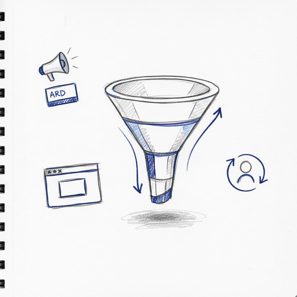Close-up hand-drawn marketing funnel sketch on a white notebook page showing segmented stages, ads, landing page, and repeat customers, highlighted for pay-per-click rate.