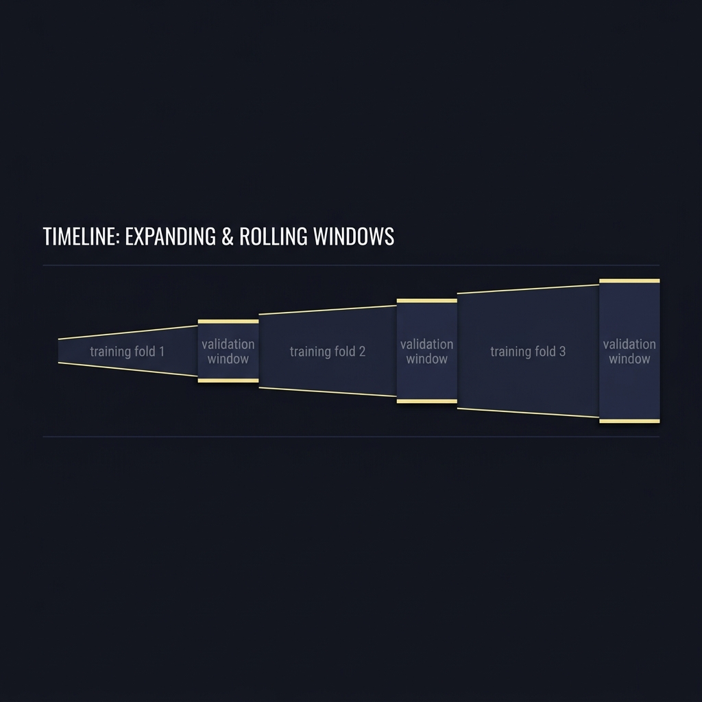 Clean timeline illustration showing why simulated sports trading is useful for strategy development with expanding and rolling windows labeled training folds and validation windows