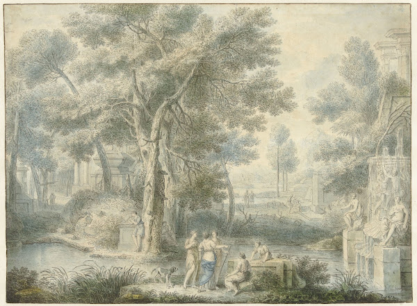 Arcadisch landschap met rechts een fontein 1743