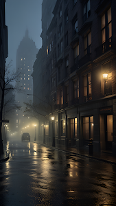 Misty Night Street with Glowing Lights and Wet Pavement
