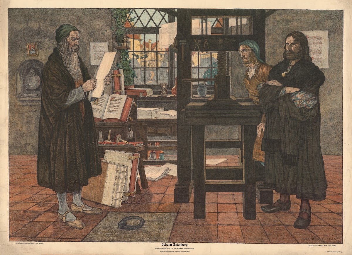 Johann Gutenberg Gutenberg betrachtet mit Fult und Schöffer die ersten Druckboge