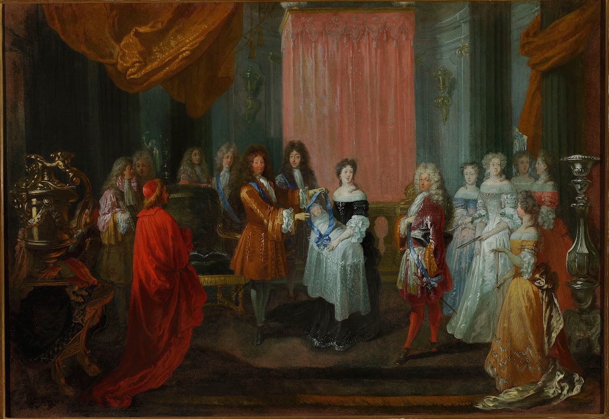 Louis XIV awards the Cordon Bleu Order to the Duke of Burgundy father of Louis X