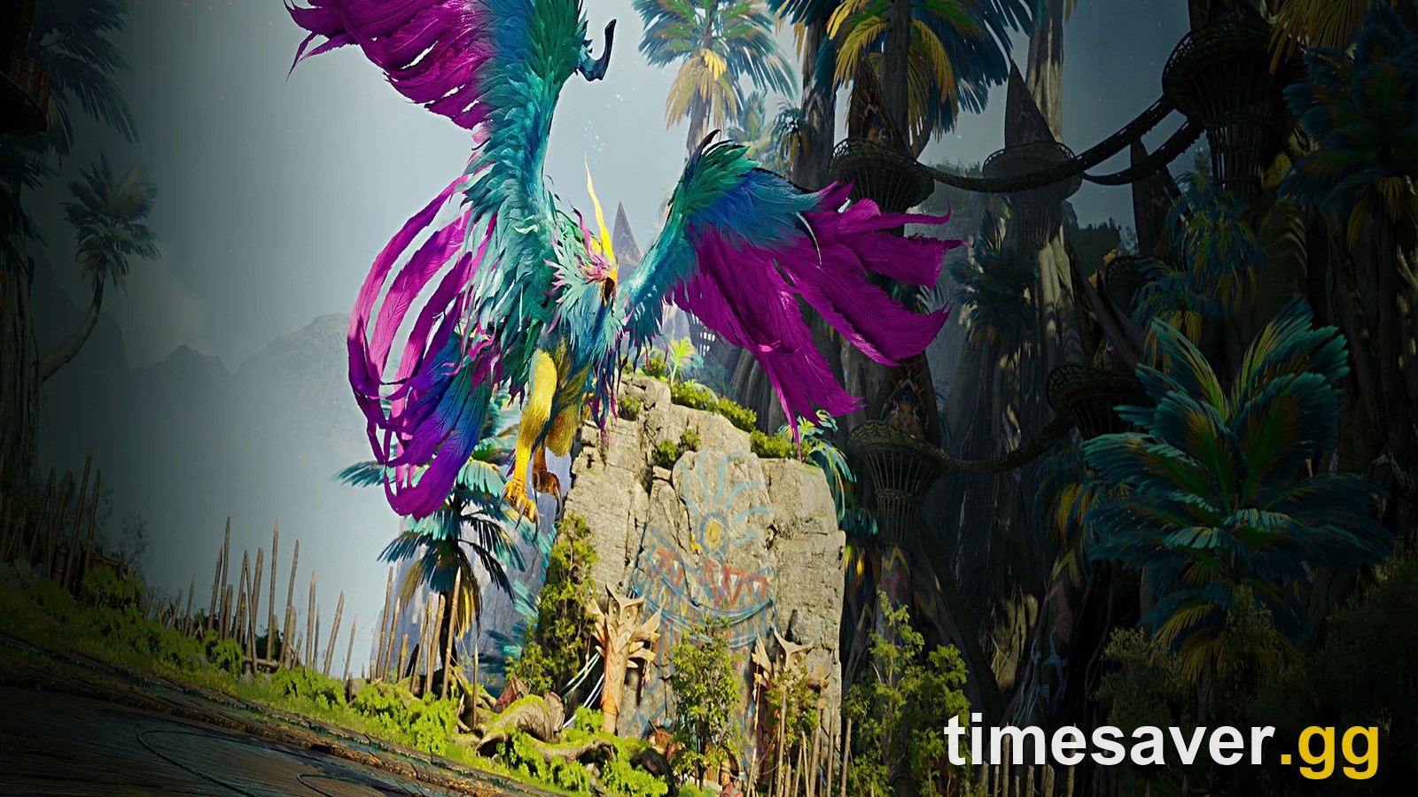AION 2 Urugugu Canyon expedition art showing the giant feathered bird boss perched on a carved rock in a jungle village