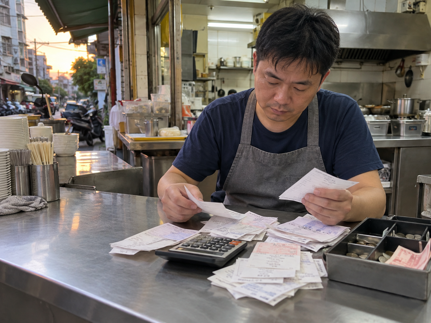 早餐店老闆收店後核對進貨單與實際支出