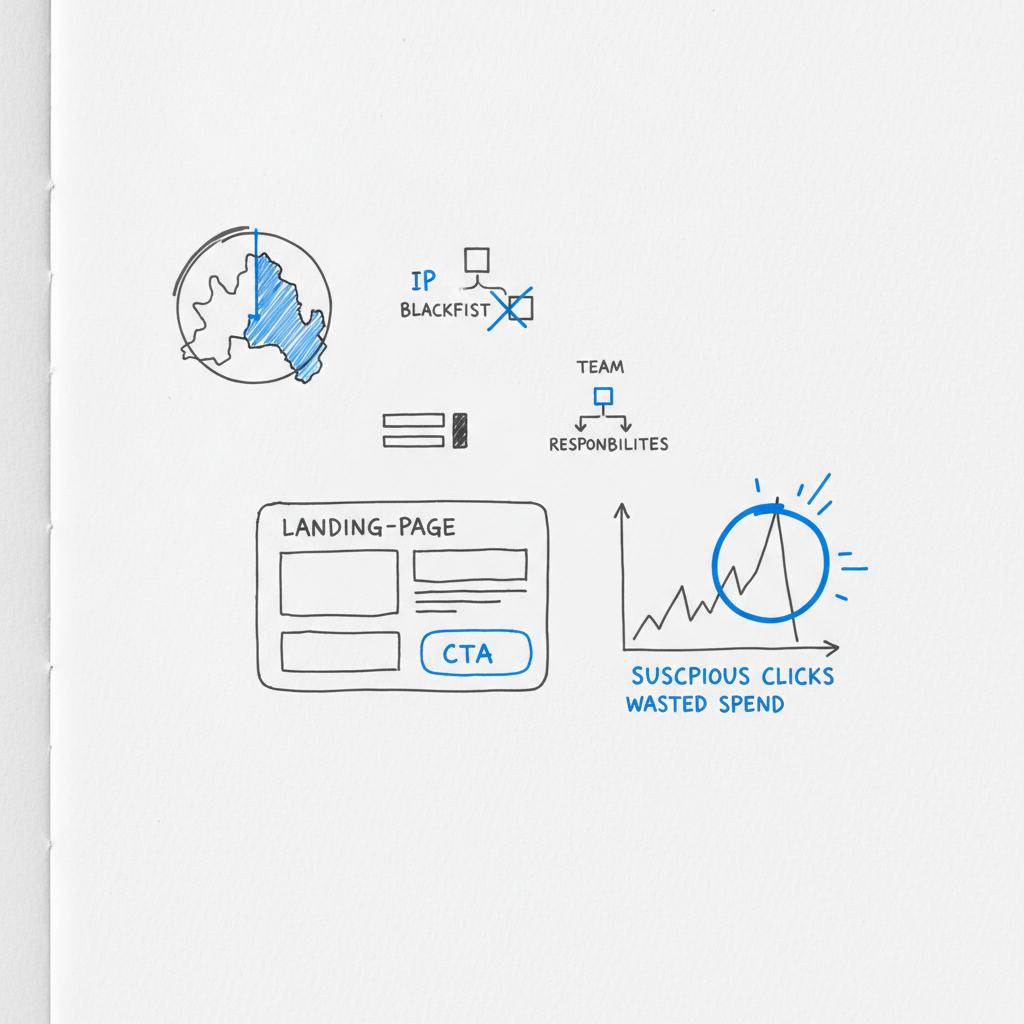 Notebook-style sketch illustrating negatives of Google Ads: geo-targeting issues, IP blacklist icon, poor landing page wireframe, and a circled spike indicating suspicious clicks