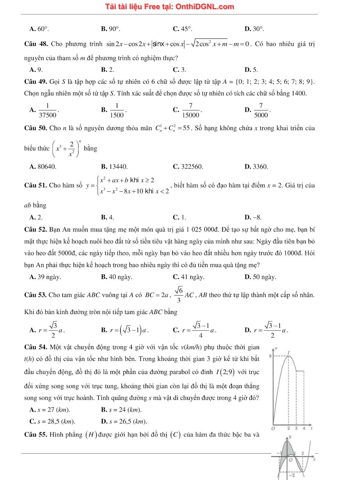 475 bài tập môn Toán - Ôn thi ĐGTD ĐH Bách Khoa Hà Nội Phần 9