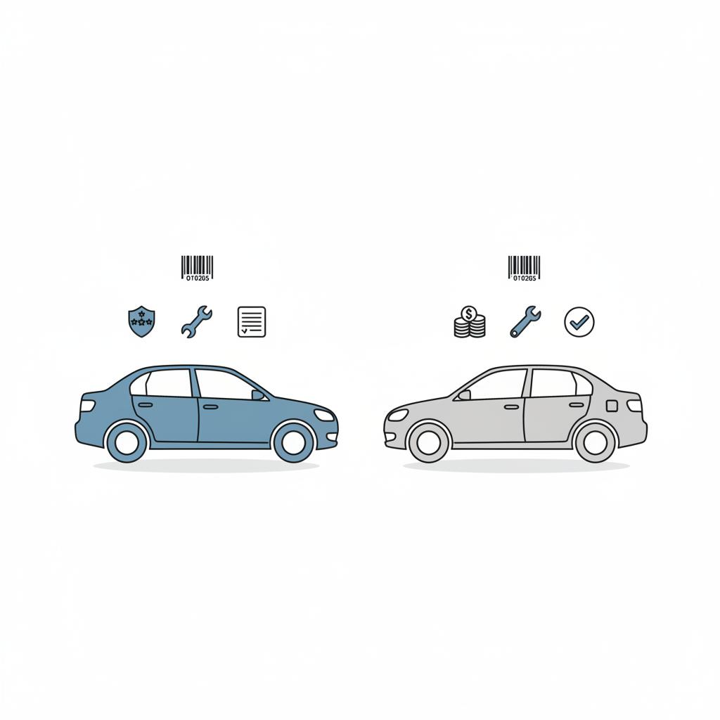 Minimal 2D vector side by side comparison of two sedans with icons for safety rating repair cost estimate and VIN check in CarFax Deals colors affordable cars near me