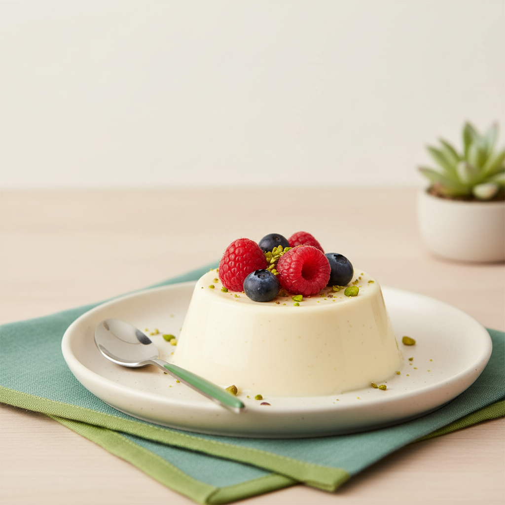 Nahaufnahme einer Vanille-Panna-Cotta aus Pflanzendrink mit Beeren und gehackten Nüssen auf minimalistischem Teller vor hellem #F7EDE6 Hintergrund – kalorienärmster Zuckerersatz