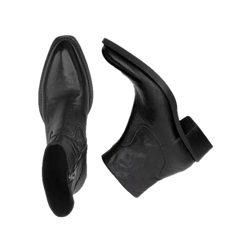 Vintage-Leder-Stiefeletten mit Blockabsatz