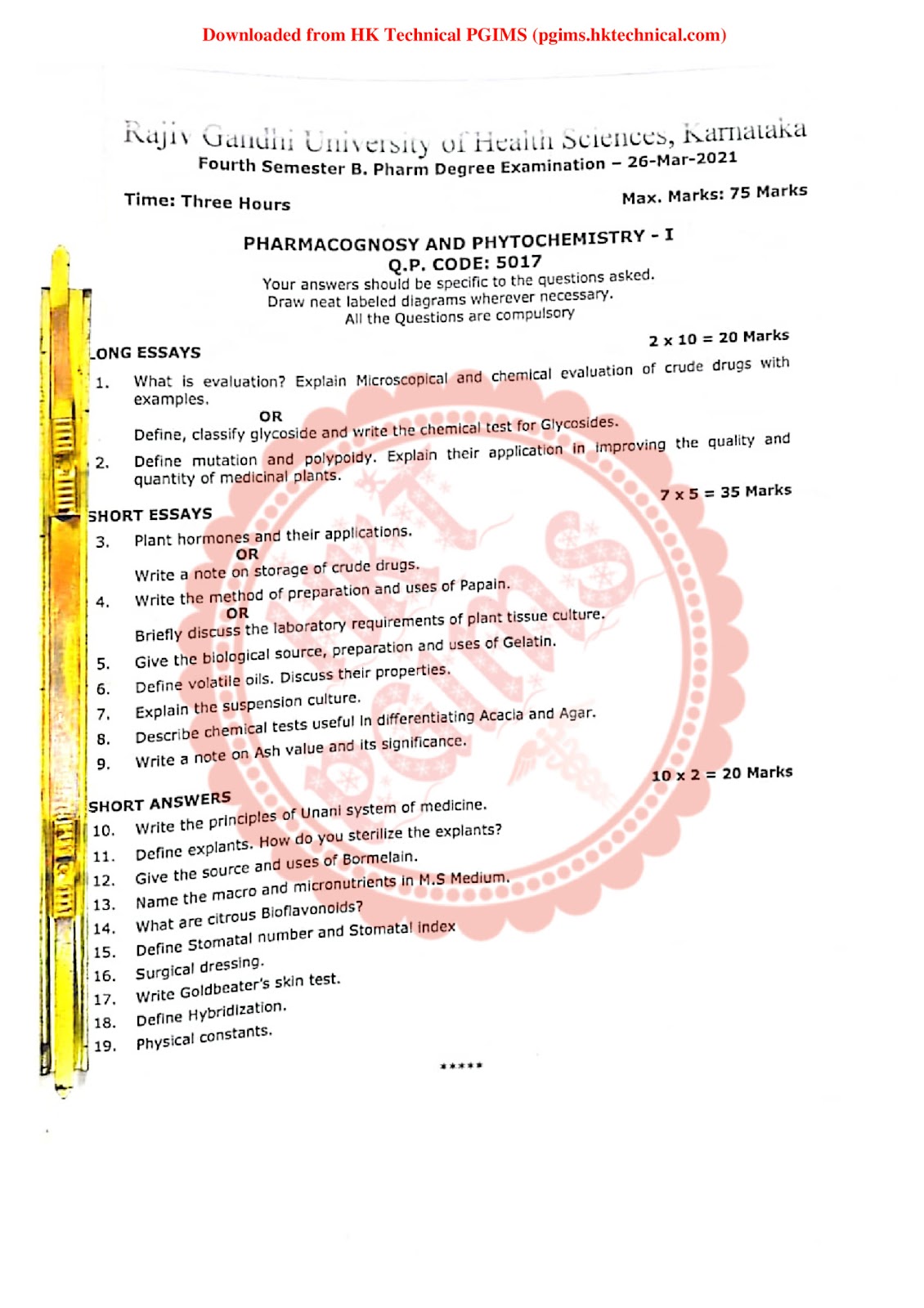 Pharmacognosy and phytochemistry RGUHS 4th Semester B.Pharmacy Previous Year's Question Paper,BP405T Pharmacognosy and Phytochemistry I,BPharmacy,Previous Year's Question Papers,Pharmacognosy and Phytochemistry,BPharm 4th Semester,Rajiv Gandhi University of Health Sciences (RGUHS),