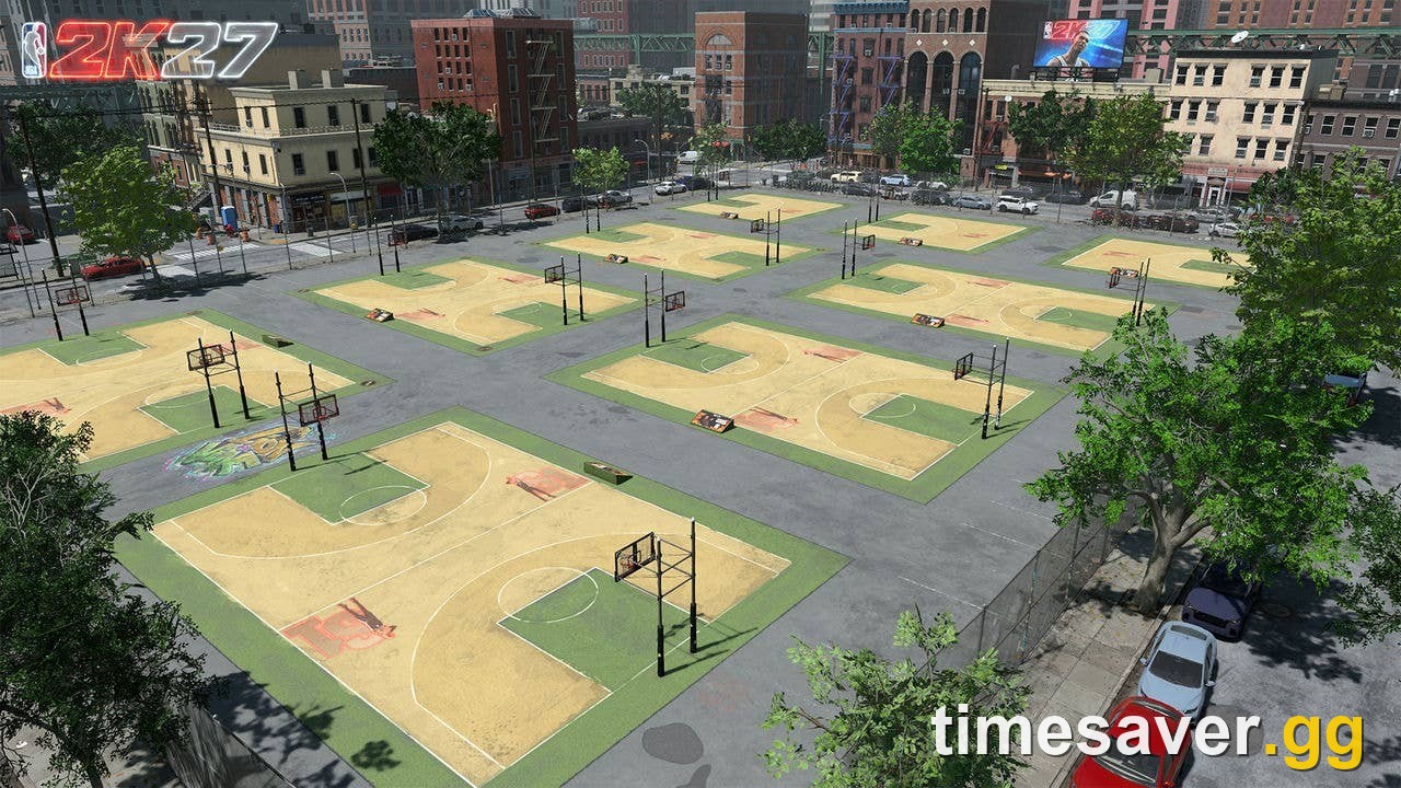 NBA 2K27 The City aerial view of the park with multiple outdoor basketball courts and NBA 2K27 signage