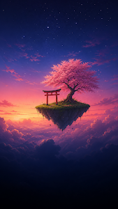 Anime Style Floating Island with Torii Gate in Sky Wallpaper