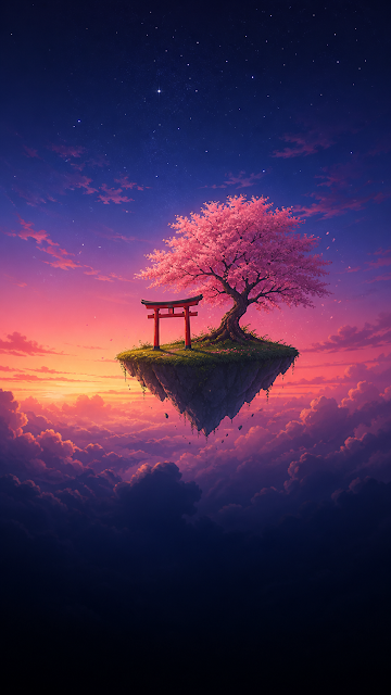 Anime Style Floating Island with Torii Gate in Sky Wallpaper
