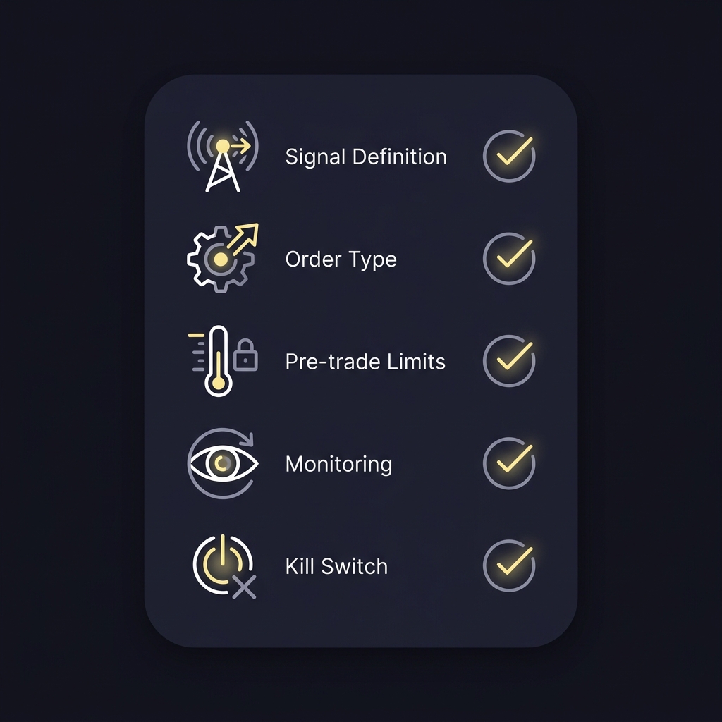 Minimal 2D vector checklist showing signal definition order type pre trade limits monitoring and kill switch in Funded Plays palette How to Set Live Trading Entry Rules