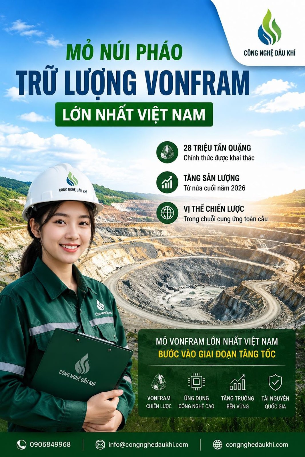 Có thể là hình ảnh về văn bản cho biết 'CÔNG NGHỆ DẪU KHÍ MỎ NÚI PHÁO TRỮ LƯỢNG VONFRAM LỚN NHẤT VIỆT NAM S 28 TRIỆU TẤN QUẶNG Chính thức được khai thác CÔNG Σ6ΗE DkuNNi TĂNG SẢN LƯỢNG Từ nửa cuối năm 2026 VỊ THẾ CHIẾN LƯỢC Trong chuỗi cung ứng toàn cầu ひ米業動ま MỎ VONFRAM LỚN NHẤT VIỆT NAM BƯỚC VÀO GIAI ĐOẠN TĂNG τός CỐNG NGHỆ ลัม ล์ห์ KHÍ VONFRAM CHIÊN CHIẾNLƯỢC ƯỢC ỨNG ỨNGDỤNG DỤNG CÔNG NGHỆ CAO TĂNG TRƯỞNG BỂN VỮNG TẢI NGUYỄN QUỐCG GIA 0906849968 info@congnghedaukhi.com congnghedaukhi.com'