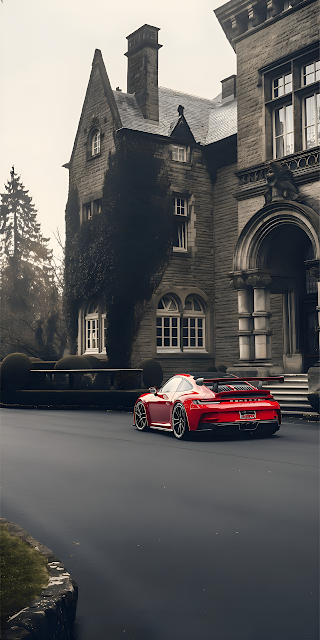 Red Porsche GT3 RS Classic Stone Mansion Estate Luxury - Free mobile Wallpaper
