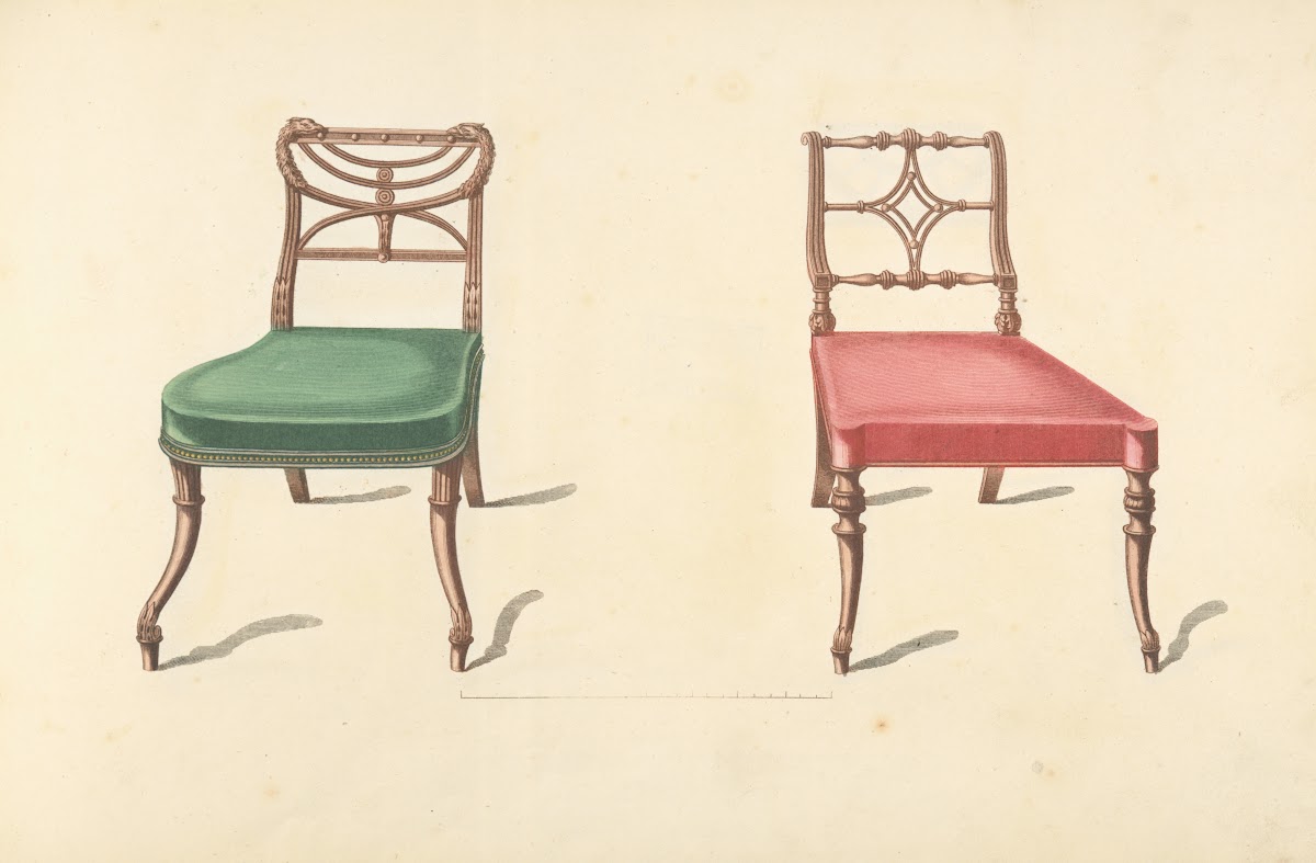 Two chairs with red green cushions 1805   1806