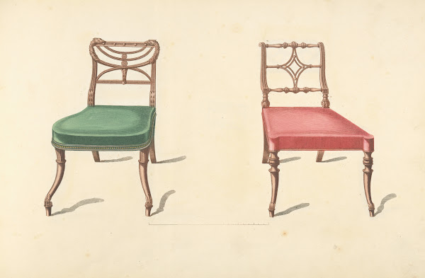Two chairs with red green cushions 1805   1806